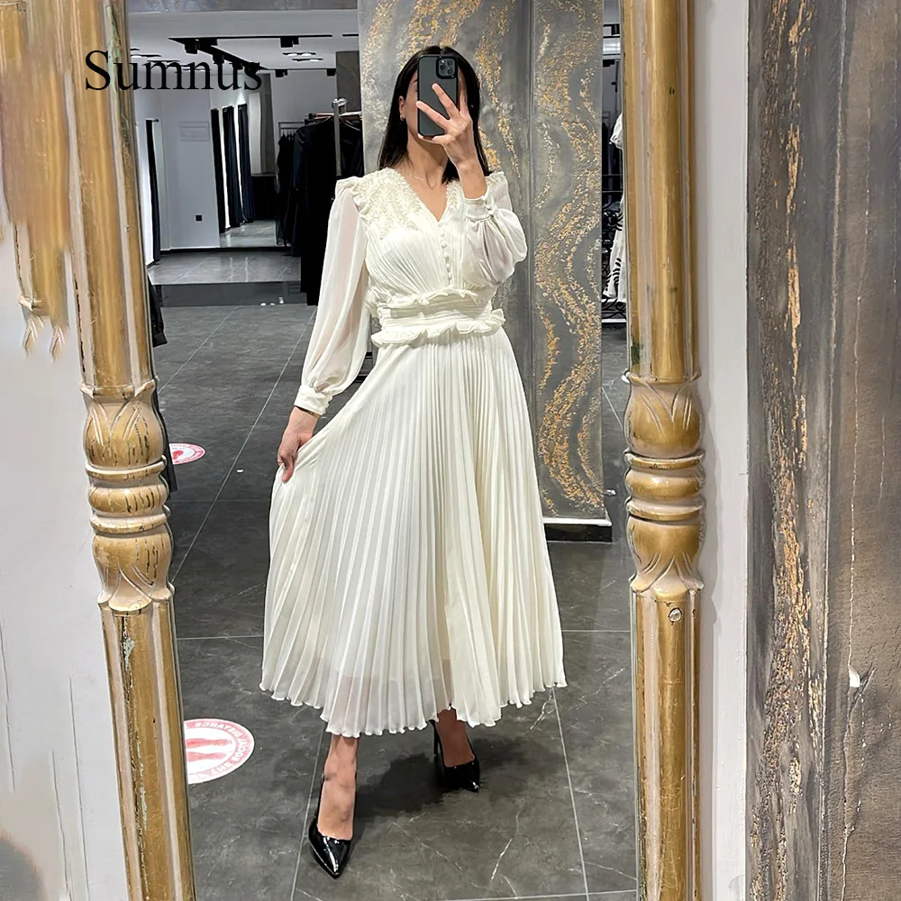 

Sumnus White Chiffon Long Sleeve Evening Dresses Pleats Ruched Beads V Neck Midi Prom Party Dress Customized Dubai Formal Gowns