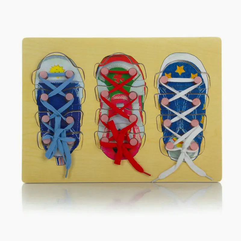 

Детские деревянные 3D-пазлы, обувная модель Монтессори для завязывания шнурков, детский подарок