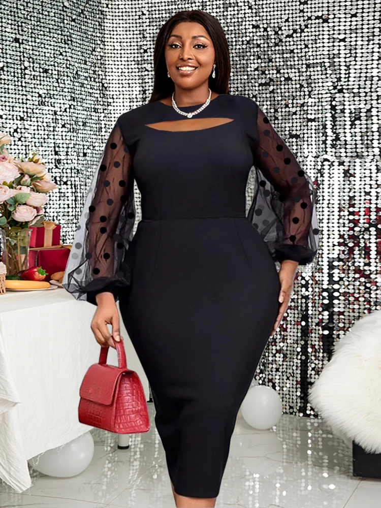 

Red Patchwork Dresses for Women O Neck Cut Out Long Lantern Sleeve Empire Bodycon Mesh Dot Evening Party Outfits Plus Size 4XL