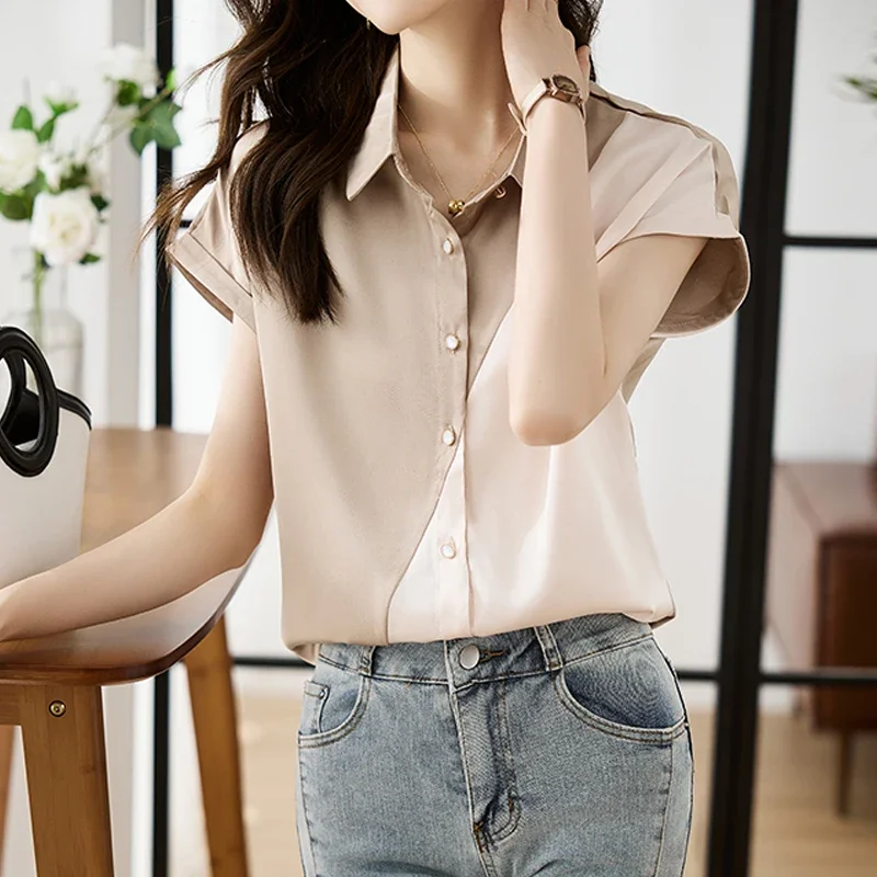 Женский офисный топ с коротким рукавом атласная блузка контрастных цветов