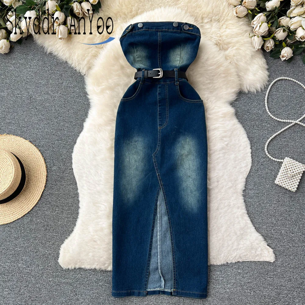 

Женское джинсовое платье без рукавов, облегающее длинное платье средней длины с открытой спиной и разрезом, в винтажном стиле, лето 2023