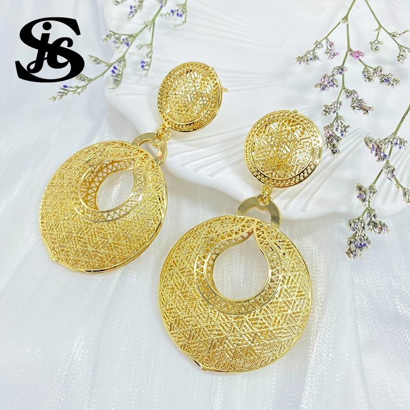 

Dubai Hot Sale Fashion Earrings 18K Gold Plated Round Shape High Quality Luxury Drop Earrings For Women Wedding Party Gift