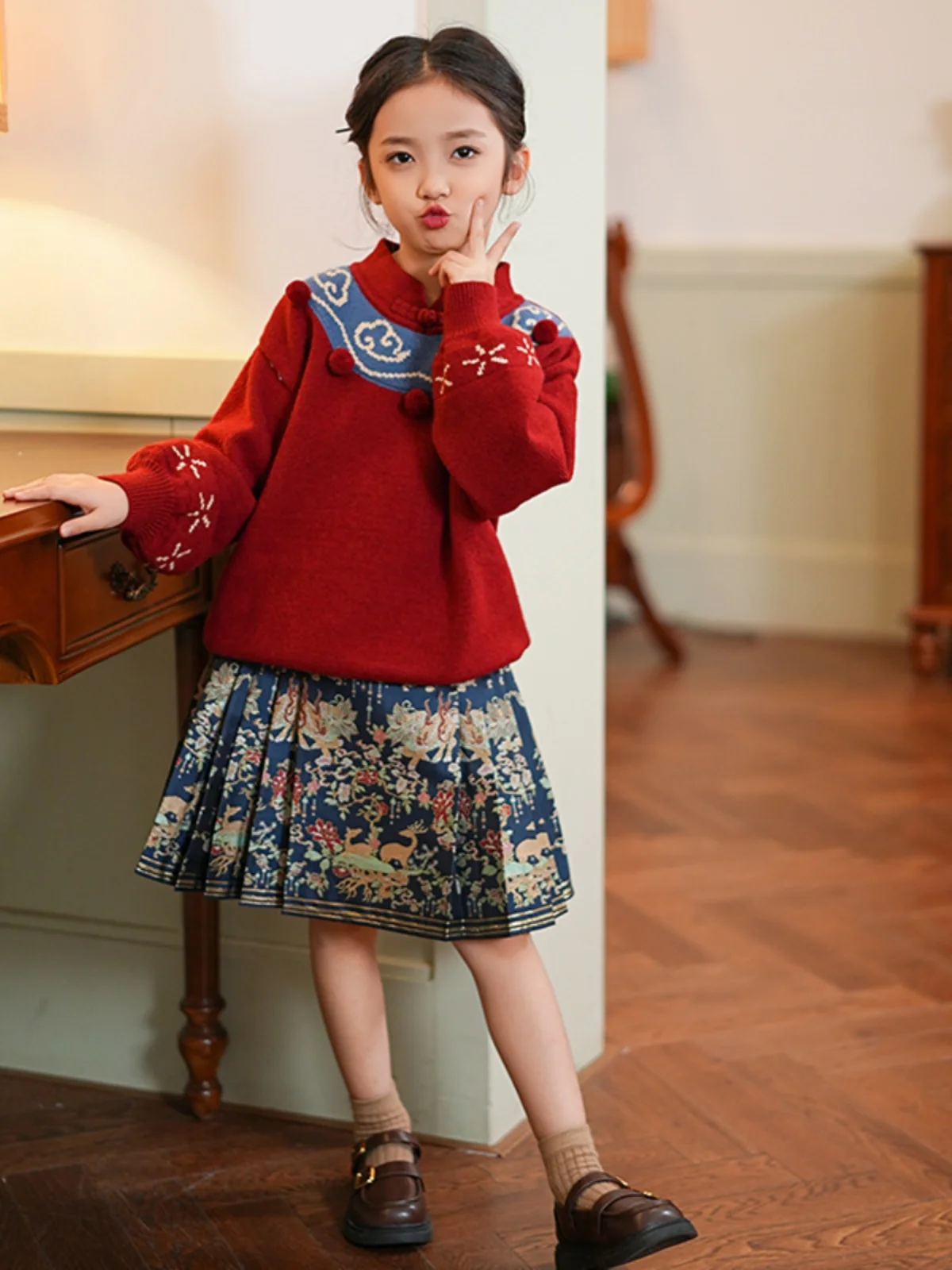 Платье на китайский новый год длинная юбка с эластичным поясом для девочек