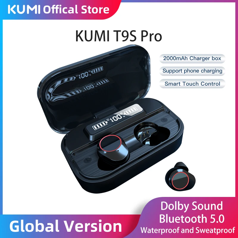 

TWS-наушники KUMI T9S Pro с зарядным футляром, 2000 мАч