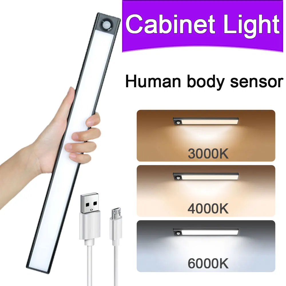 

Светодиодный светильник для шкафа 20/40/60 см, ультратонкая заряжаемая настенная лампа с пассивным ИК датчиком движения для кухни, лестницы, га...