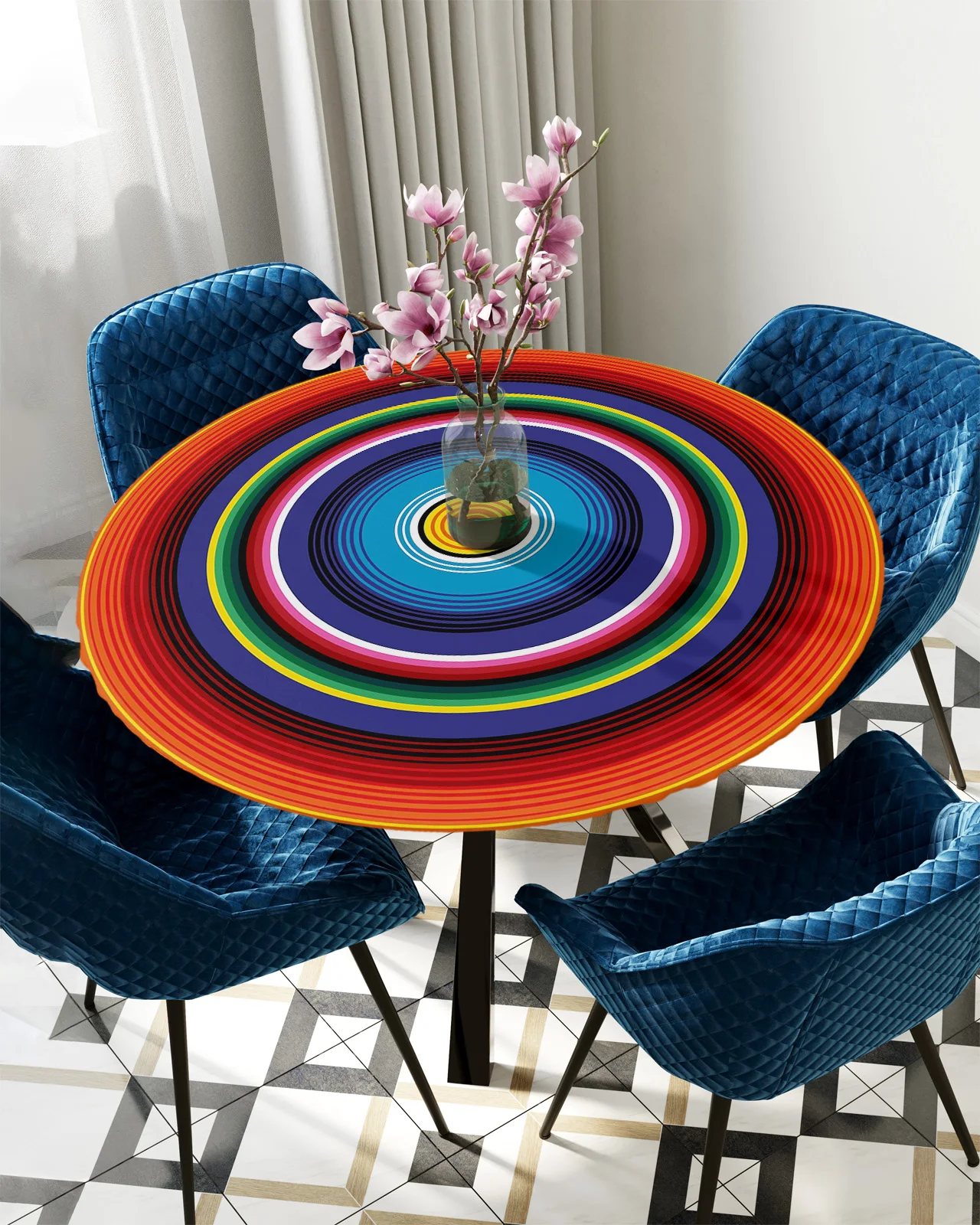 

Mexican Stripe Round Table Cover Kitchen Waterproof Tablecloth Christmas Table Decor Elastic Tablecloth