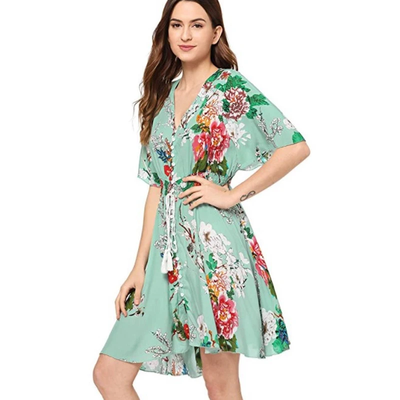 

Женское шифоновое платье с цветочным принтом, повседневное свободное шифоновое платье до колен с эластичным поясом и широким рукавом, лето ...