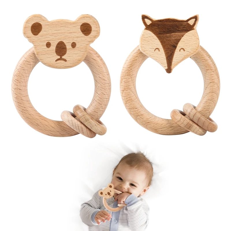 

1Pc Baby Animal Teether Ring Rattles Wooden Chew Toy BPA Free Montessori Newborn Gifts Baby Bites Toy Nursing Accessories