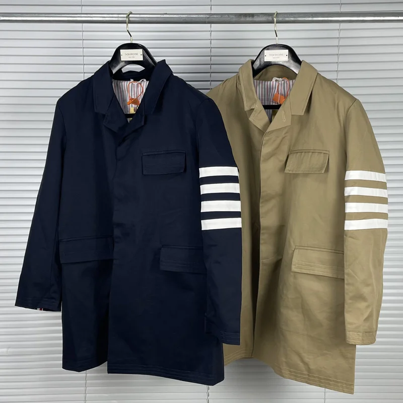 

2022 Fashion TB THOM Brand Windbreaker Men Loose Casual Coat Long Trench Spring Autumn Striped Jacket Solid Formal Suit Male