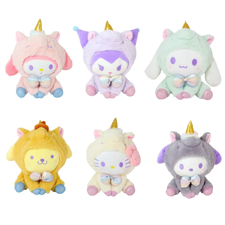 

New 25Cm Kawaii Anime Cartoon Cute Unicorn Turns Into Kuromi My Melody Cinnamoroll Pom Purin Hello Kitty Gift Plush Doll Toy