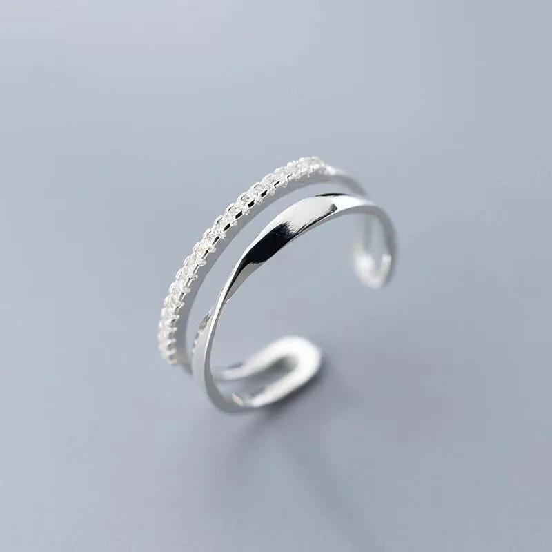 

Original 925 Sterling Silver Double LInes CZ Rings For Women Counple Wedding Engagement Silver Women's Vintage Ring Fine Jewelry