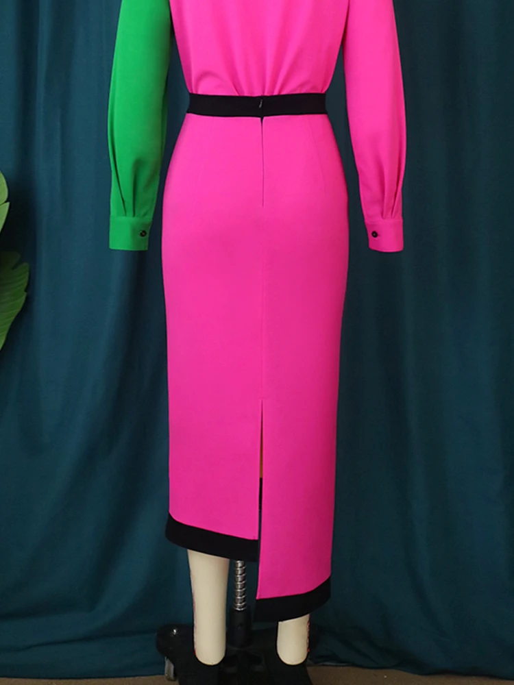 Plus Size Shirt Dress Color Block Patchwork Long Sleeves Elegant Robes Slim Autumn Fashion Office Ladies Classy Colorful Vestido