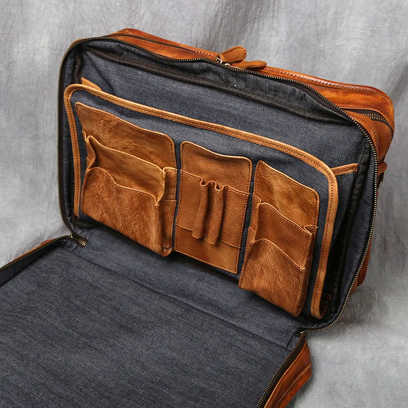 PNDME vintage fashion designer top layer cowhide Man 15 inch briefcase Outdoor work Office laptop lawyer genuine leather handbag