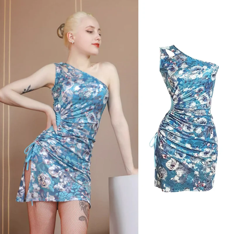 

Платье для конкурсов латиноамериканских танцев, женское сценическое платье с косым плечом и принтом Танго для выступлений, тренировочная одежда для танго, VDB3689