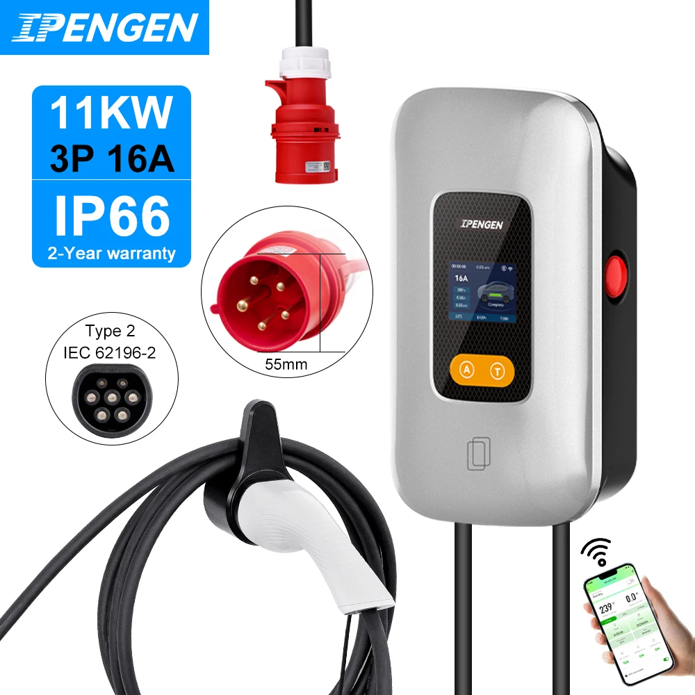 

IPENGEN 11 кВт Зарядная станция для электромобилей 3 фазы 16A Зарядное устройство Type2 Управление через приложение EVSE Зарядка Wallbox Cee Plug IEC62196