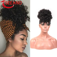 seeano synthetic braided bun african puff drawstring curly high ponytail with bangs short wig braided hair extensions black