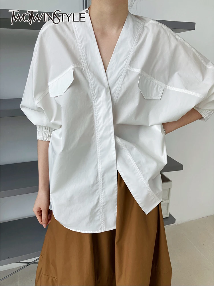 

TWOTWINSTYLE Minimalist Shirts For Women V Neck Batwing Sleeve Patchwork Pocket Casual Loose Blouse Female Fashion Clothing New