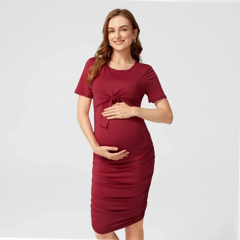 

Maternity Dresses Women Side Ruched Clothes Bodycon Photography Casual Short Sleeve Wrap Baby Showers Plus Size XS-3XL