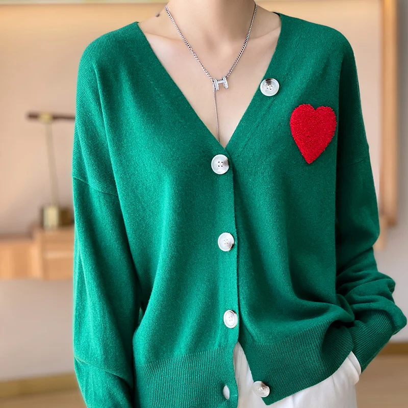 

Women Pure Cashmere Embroidery Red Heart Sweater Deep V-neck Cardigan Female Knitted Loose-fitting White Black Coffee Sweaters