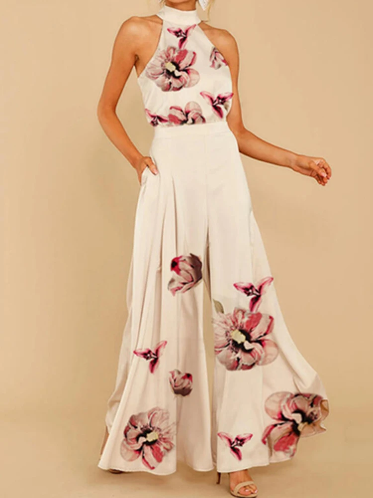 

2022 Women's Elegant Print Off Shoulder Jumpsuit Summer Halterneck Sleeveless Backless Jumpsuit Fashion Solid Wide Leg Jumpsuit