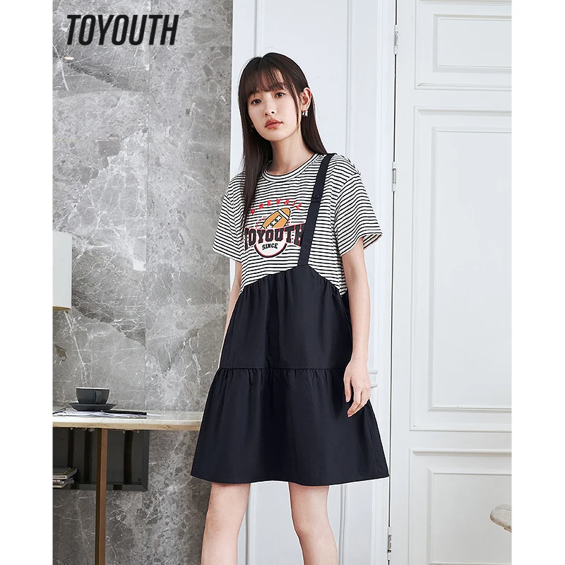 

Toyouth Women Fake Two Piece Dress 2023 Summer Short Sleeve O Neck A-shape Blue White Stripe Print Casual Chic Mid-length Skirt