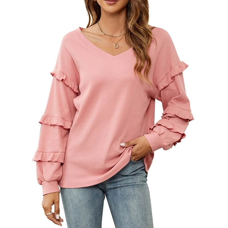 

Women's Waffle T-shirt Fashion V Neck Blouse Cute Lantern Sleeve Top