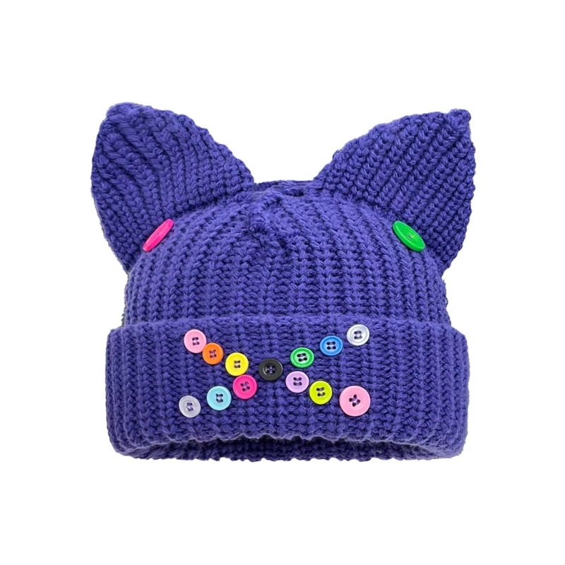 

Cartoon Ear Knitted Hat with Colorful Button Fluffy Winter Knitted Hat Cold Winter Presents for Children Teenagers