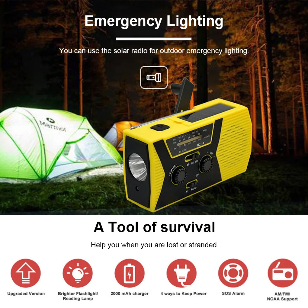 hand crank solar radio portable led flashlight lighting emergency multifunctional power bank phone charger with reading light free global shipping