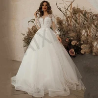 fashion wedding dress appliques tulle vestidos de novia luxury bridal gowns o neck full sleeve a line formal robe de mariee
