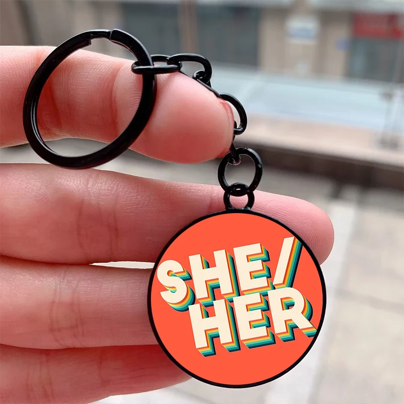 Fashion She Her Retro Orange Background Cool Keychain Motorcycle Car Backpack Chaveiro Keychain Friend's Keyring Gift