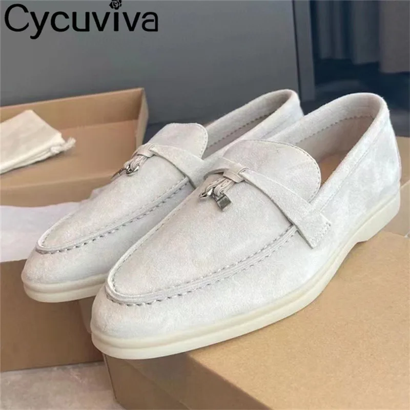 

Hot Sale Kid Suede Casual Flat Loafers Shoes Woman Metal Lock Leather Tassel Ladies Mules Slip On Summer Walker Women Shoes