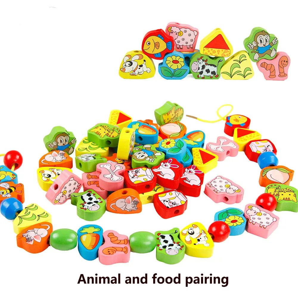 Free Shipping 63PCS Animal and Food Pairing Wood Beads Rope DIY Toys Children Wooden Block Baby Montessori Kindergarten Supplies
