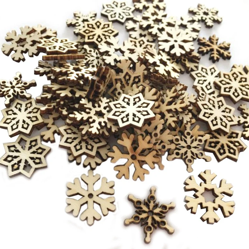 

Promotion! 100Pcs Wooden Snowflakes Embellishments Cutouts Craft Ornaments Unfinished Wood Snowflake Hanging Ornaments