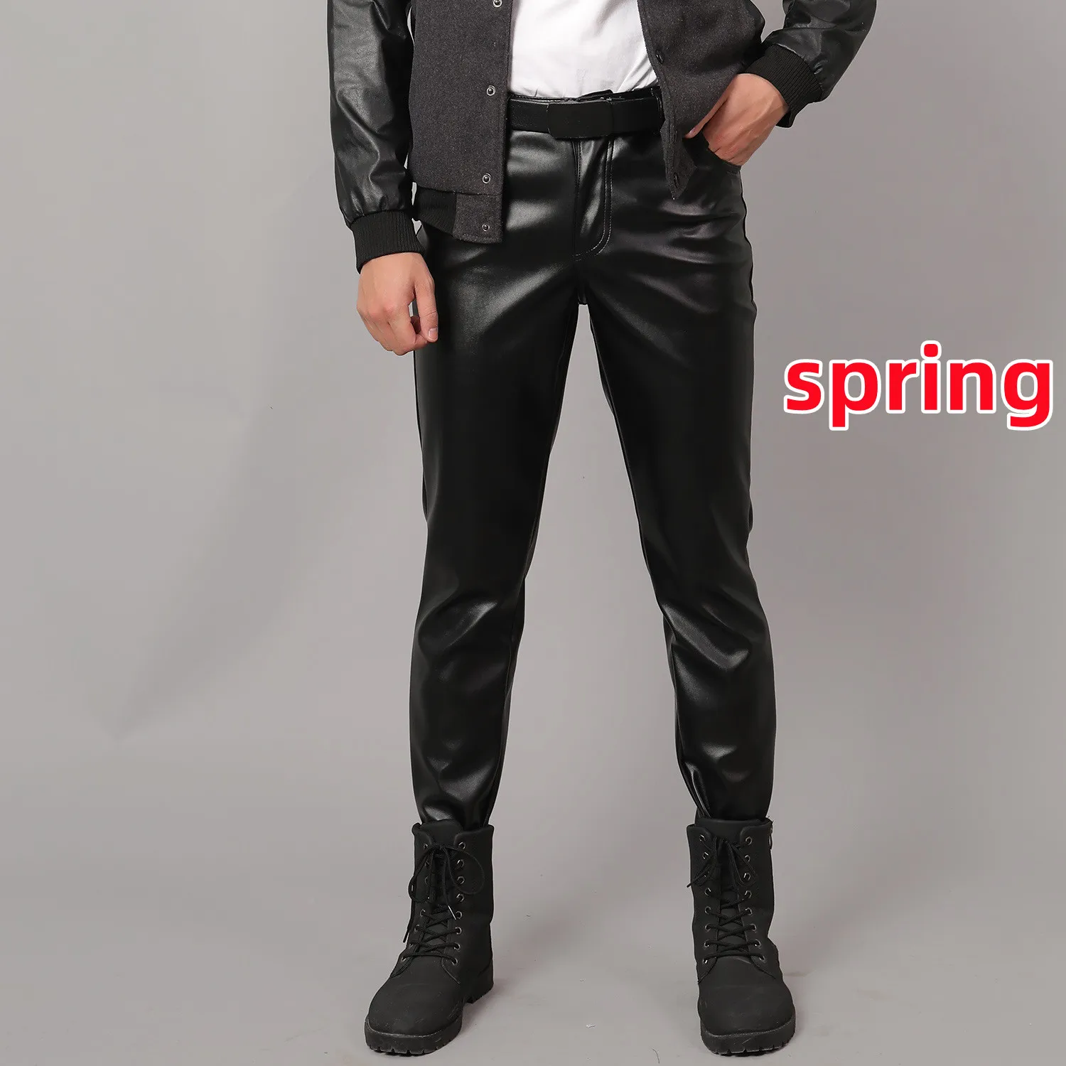 

Brand Autumn Men Slim Leather Pants Skinny Fit Elastic Style Fashion PU Leather Trousers Motorcycle Pants Thin Streetwears