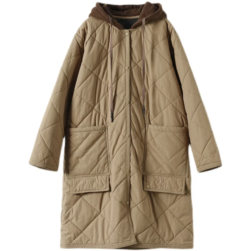 New Cotton Coats Famale Clothing Thicken Diamond Lattice Hooded Quilted Winter Jacket Women 2022 Solid Loose Long Padded Parkas
