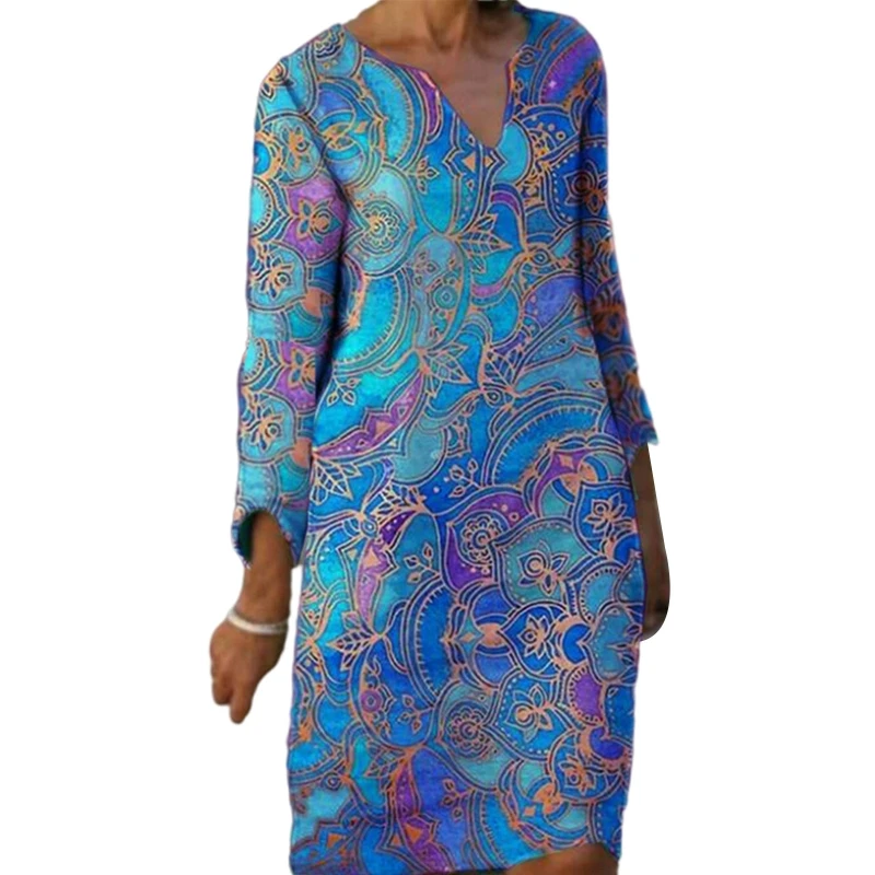 

Женское платье с длинным рукавом, Длинное свободное платье средней длины с V-образным вырезом, в стиле бохо, в этническом стиле, с цветочным п...