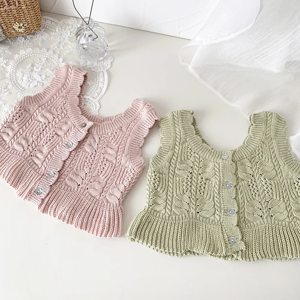 

Toddlers Knitted Cotton Hollow 2023 Jonmi Deer Sleeveless Out Cardigan Kids Korean Vests Waistcoats Baby Spring Style Girls