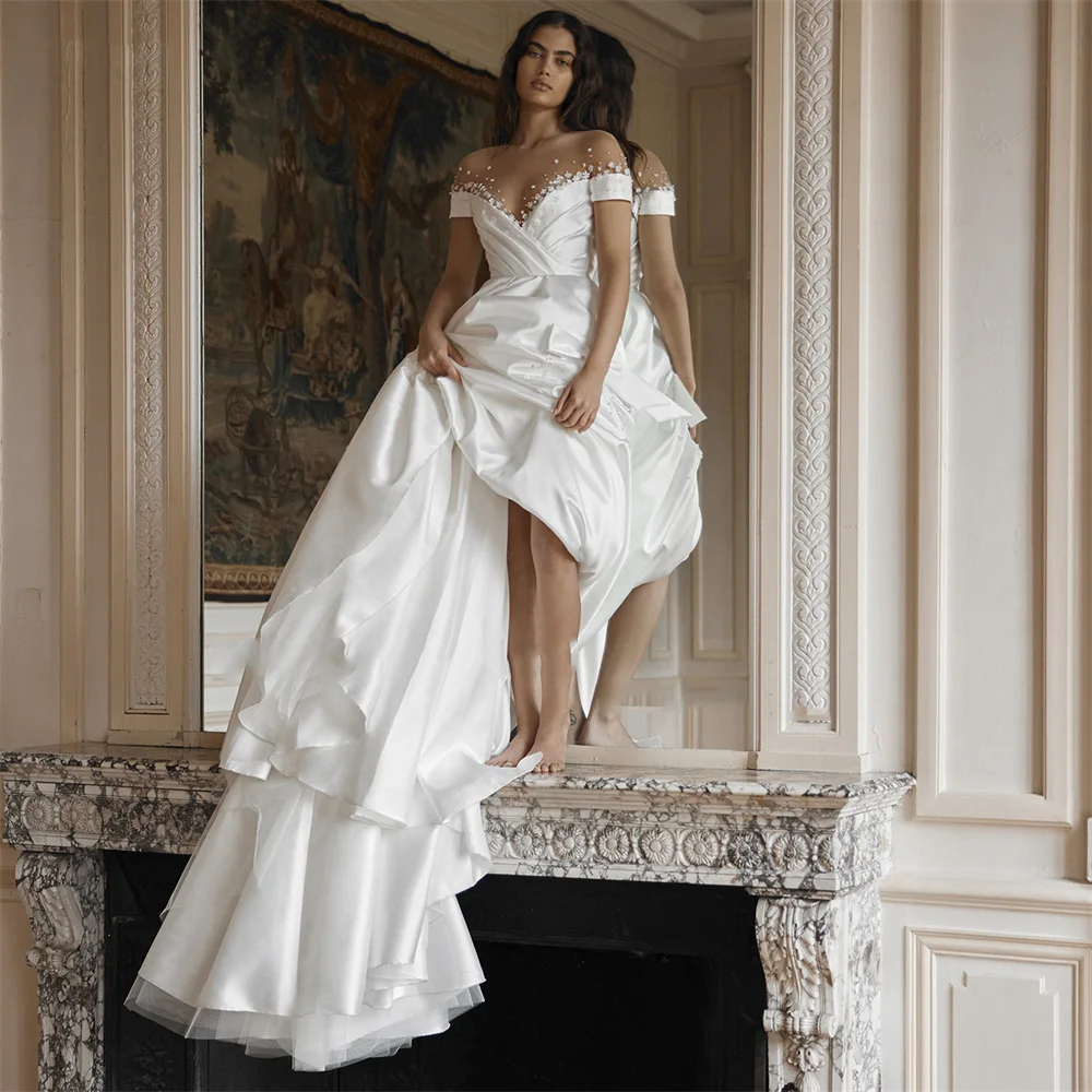 

Атласное свадебное платье для невесты 2022, классическое свадебное платье с открытыми плечами и v-образным вырезом, с открытой спиной, простое...