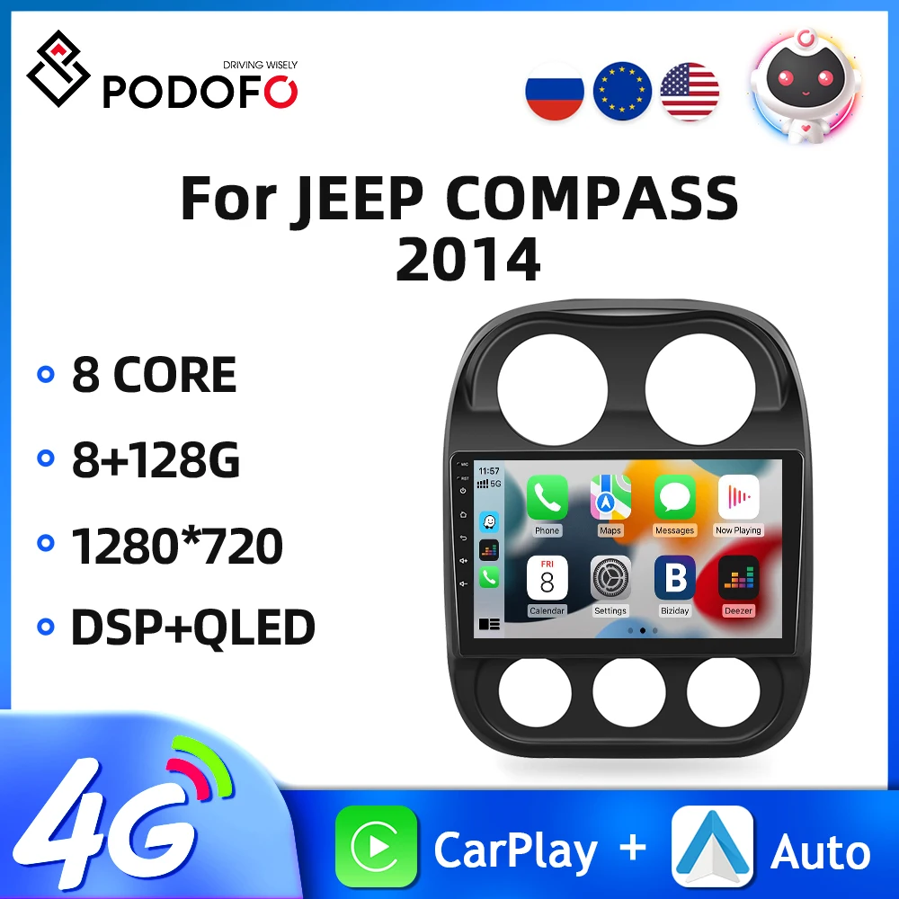 

Автомагнитола Podofo, 2DIN, Android, для Jeep Compass 2014, мультимедийный проигрыватель, GPS-навигация, Wi-Fi, Carplay, 8 ядер, DSP, 2DIN, стерео