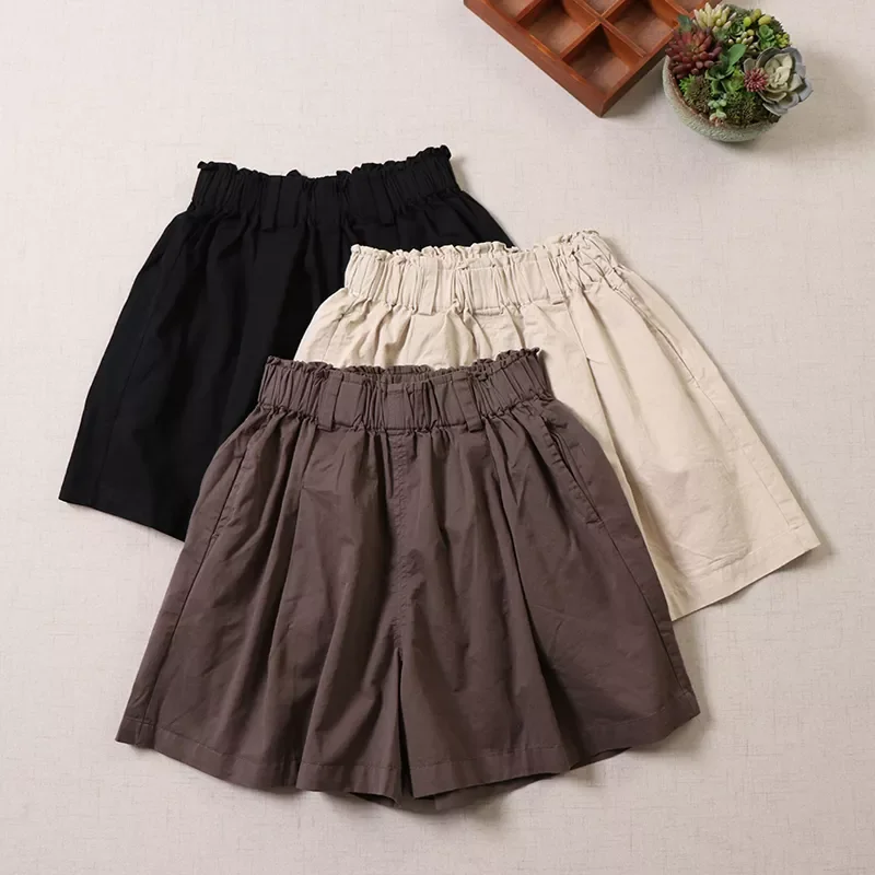 

NEW IN 2023 Summer Mori Girl Casual Solid Color Elastic Waist Shorts Loose Wide Leg Pants Women