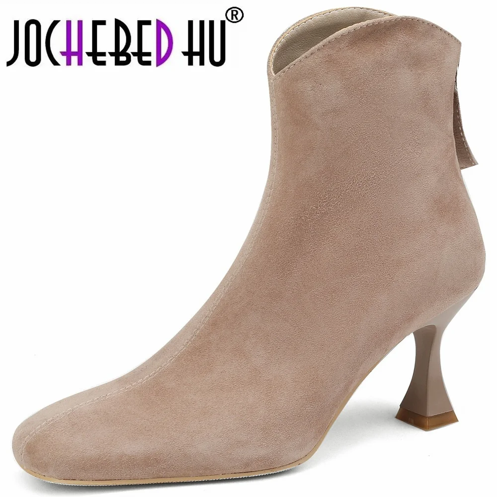

【JOCHEBED HU】2022 New Brand Autumn Winter Concise Women boots Kitten heel Pointed Toe Genuine leather Shoes Size 33-40