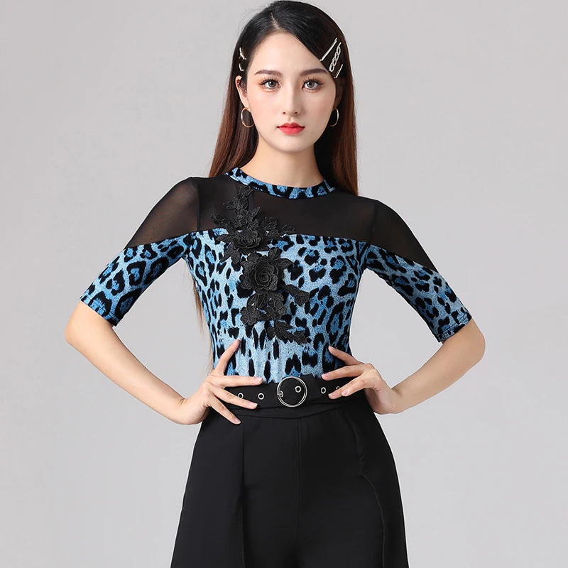 

Leopard Ballroom Tops Women Modern Dancewear Latin Practice Wear Stage Costume Salsa Clothes Mesh Tango Dancing Outift DL9546