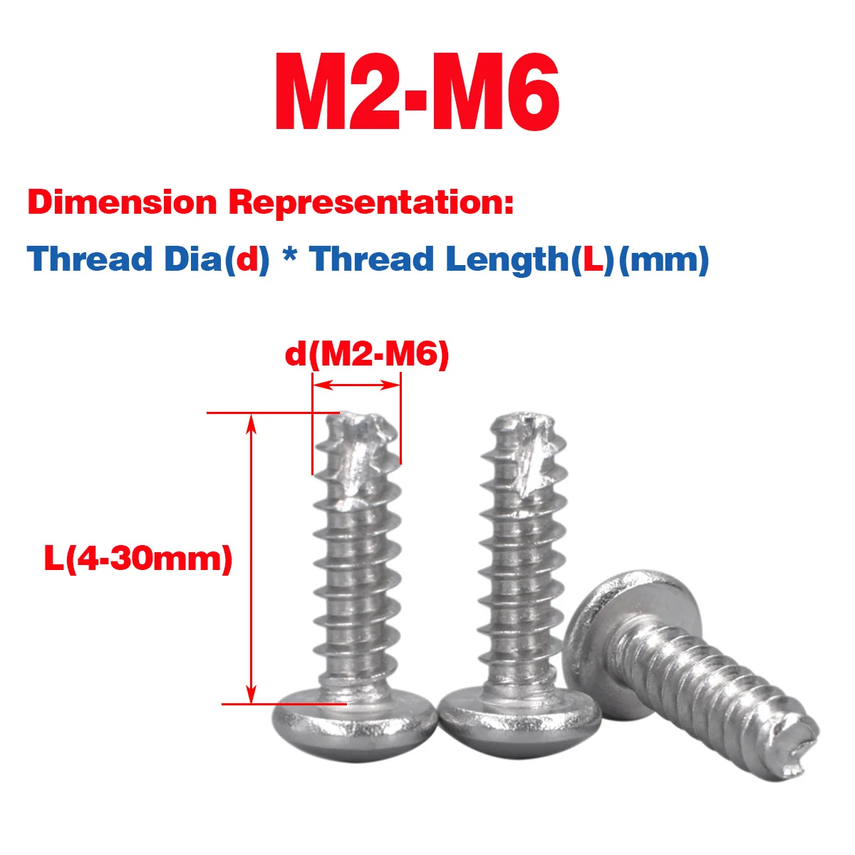 

304 SS Cross Round Head Tail Cutting / Flat Tail Self Tapping Screw M2-M6
