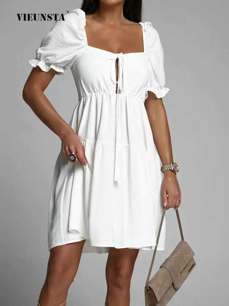 

Casual Lace-Up Hollow Square Collar Short Sleeve Dress Women's Big Backless Party Dress Summer Fashion Pleated Loose Solid Dress