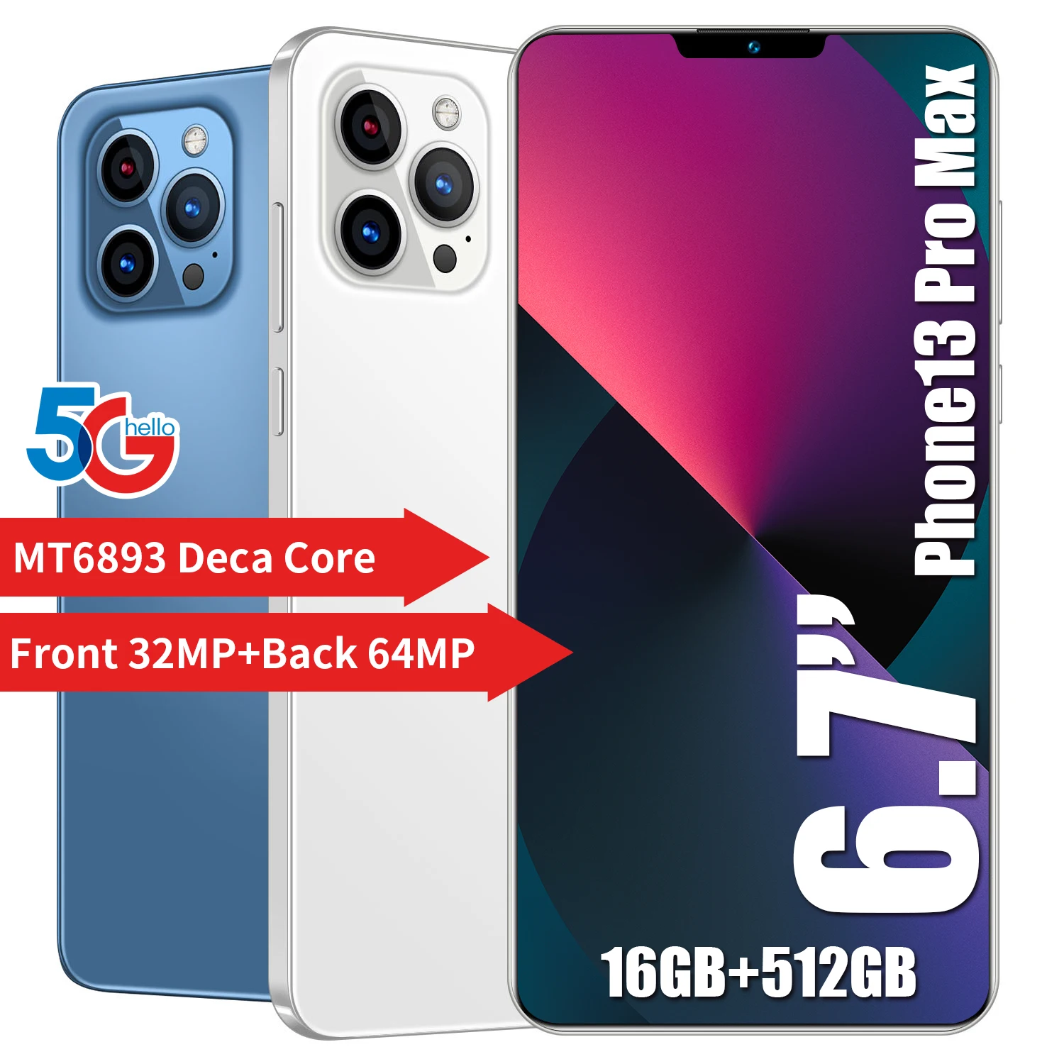 

Смартфон I13 Pro Max, 16 ГБ + 512 ГБ, 6,7 дюйма, 10 ядер, Android