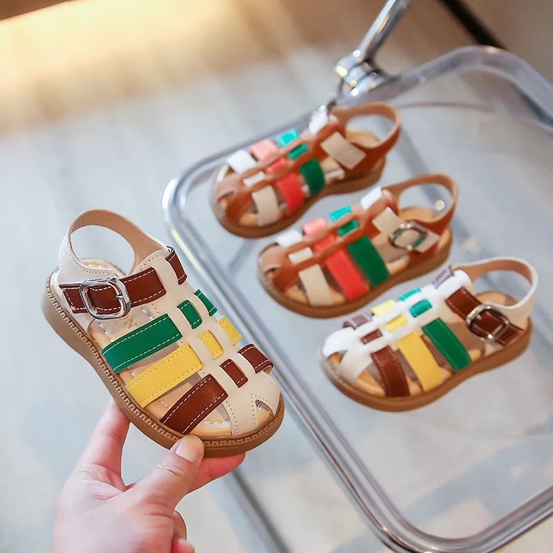 

2022 Summer New Korean PU Kids Covered Toes Soft Sandals for Girls Assorted Beach Boys Casual Flat Children Non-slip Cute Shoes
