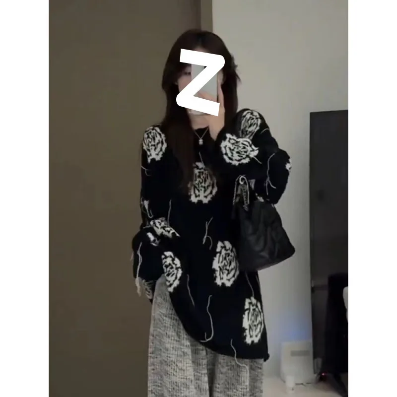 2024 новый винтажный корейский свитер с вышивкой розы для женщин осенний вязаный