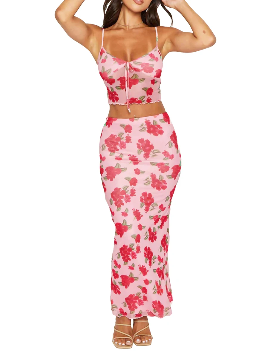

Женский комплект из двух предметов с юбкой и цветочным принтом-элегантный топ с открытой спиной и облегающая длинная юбка с разрезом-идеальная летняя одежда для