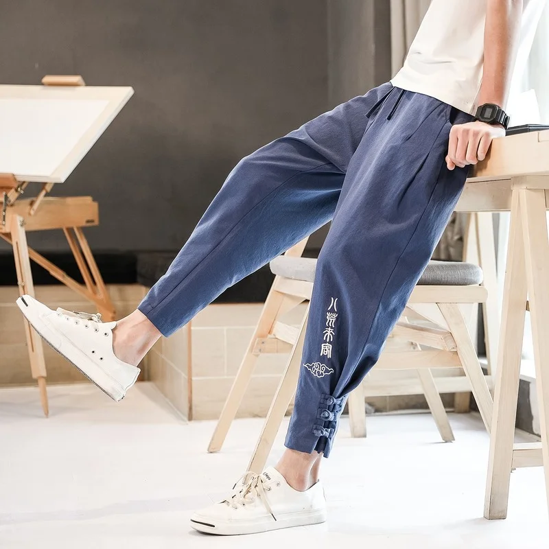 Fashion Men's Embroidered Loose Harem Pants Men's Cotton Linen 2022 Plus Size High Quality Trousers Men's Ankle Trousers
