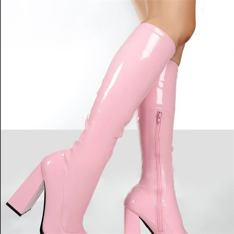 Sexy Thick Heels Elastic Micro Knee High Boots For Women Punk Style Autumn Winter Chunky Platform High Boots Party Ladies Shoes